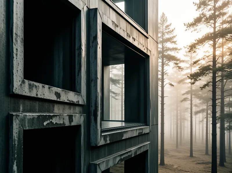A weathered concrete building with large windows stands beside a foggy pine forest under soft sunlight
