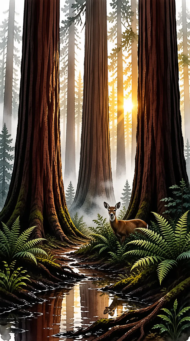 Deer standing among ferns beneath massive sequoia trunks while beams of morning sun pierce through the foggy canopy.