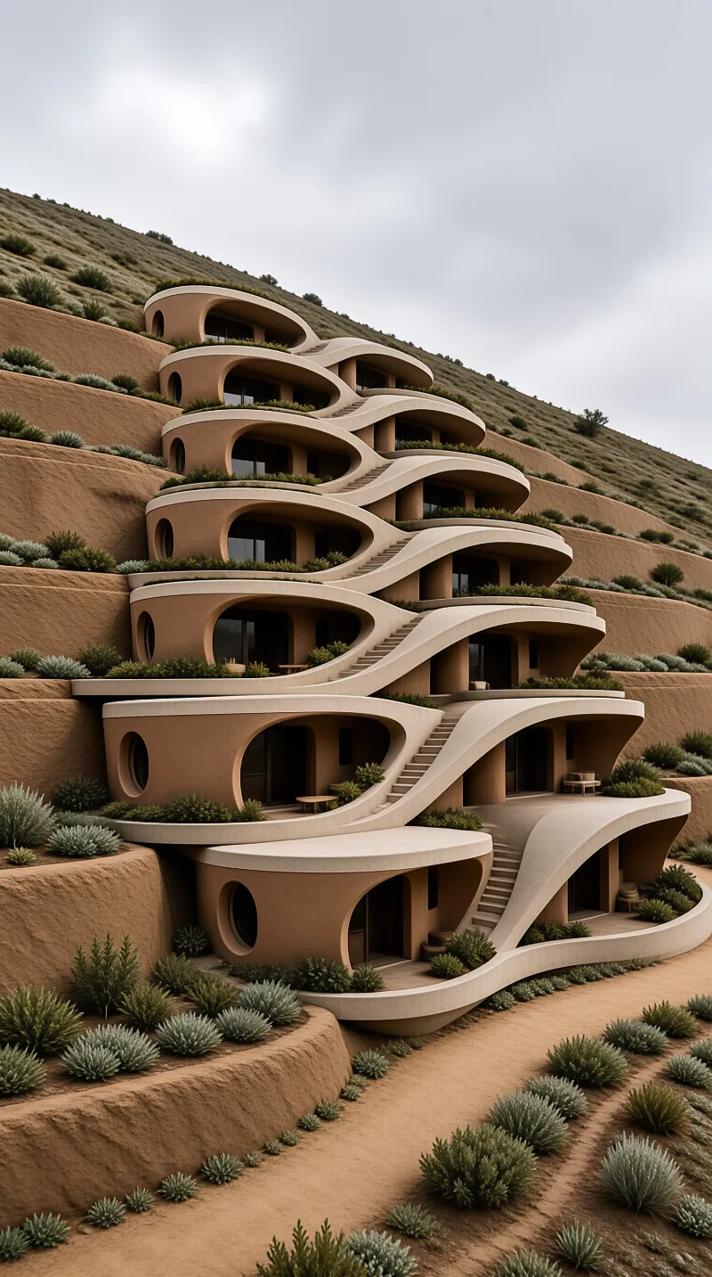 Layered organic structures with rounded openings climb a sandy hillside scattered with sagebrush under a pale cloudy sky.