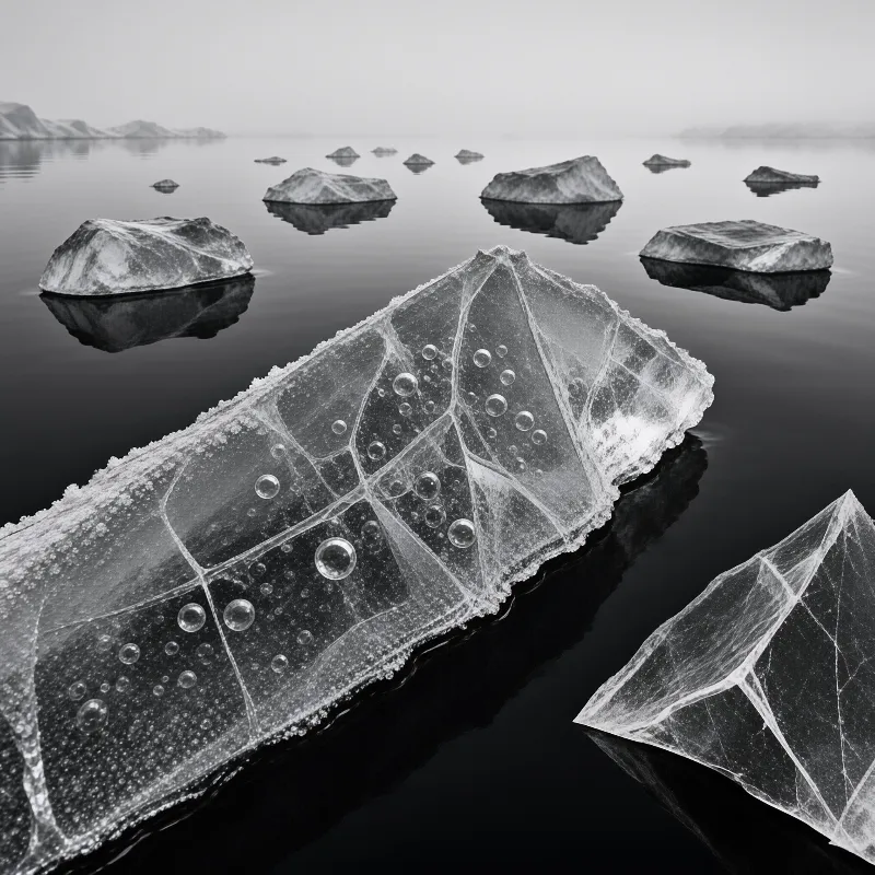 Black and white image of fractured ice sheets floating on dark water with faint hills in the background.