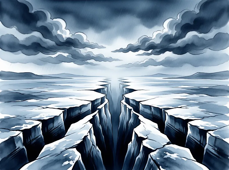 Monochrome ink illustration of a deep crack splitting an icy sea plain beneath rolling storm clouds and rain.