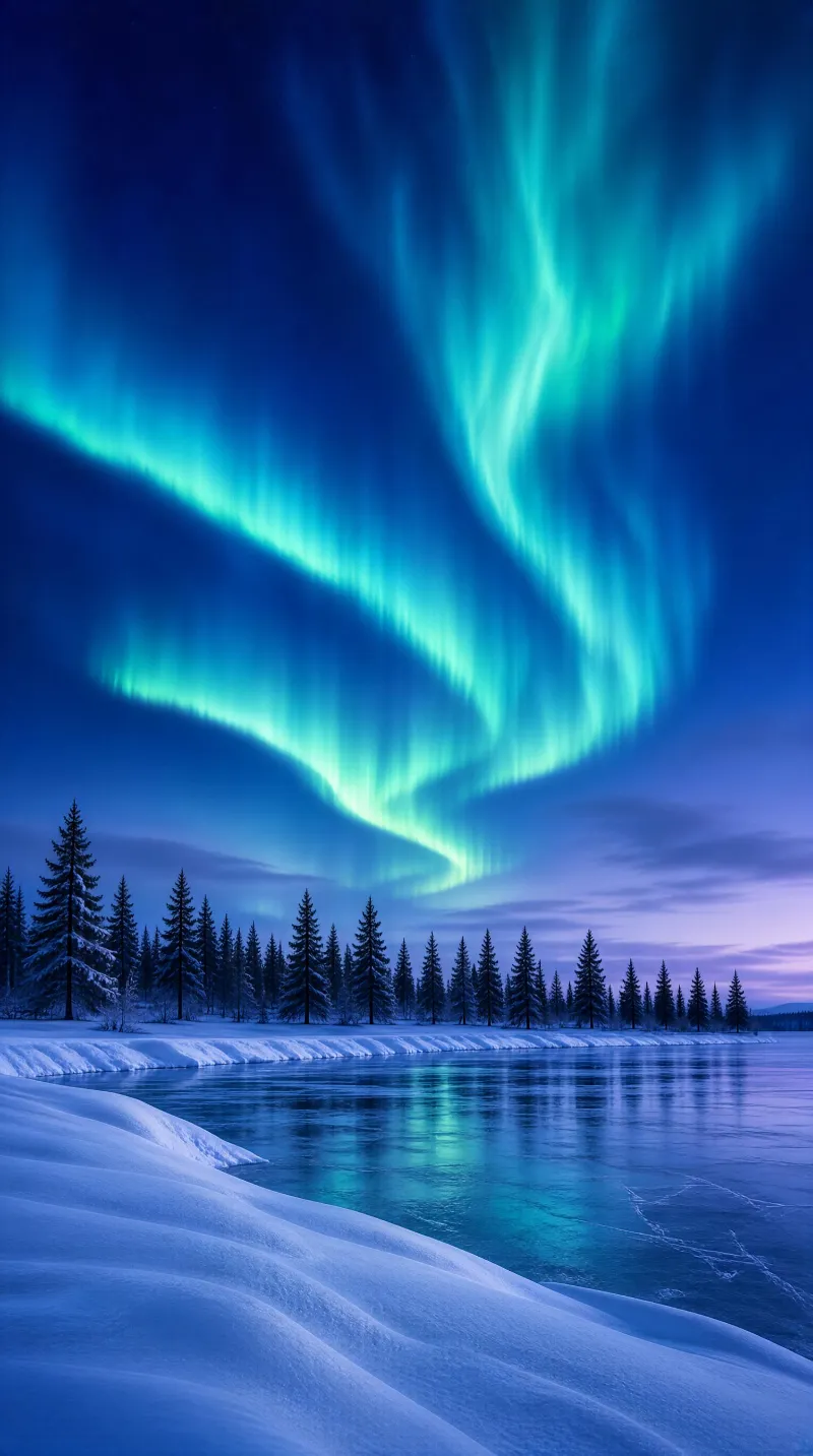 Green Aurora Over Snowy Lake
