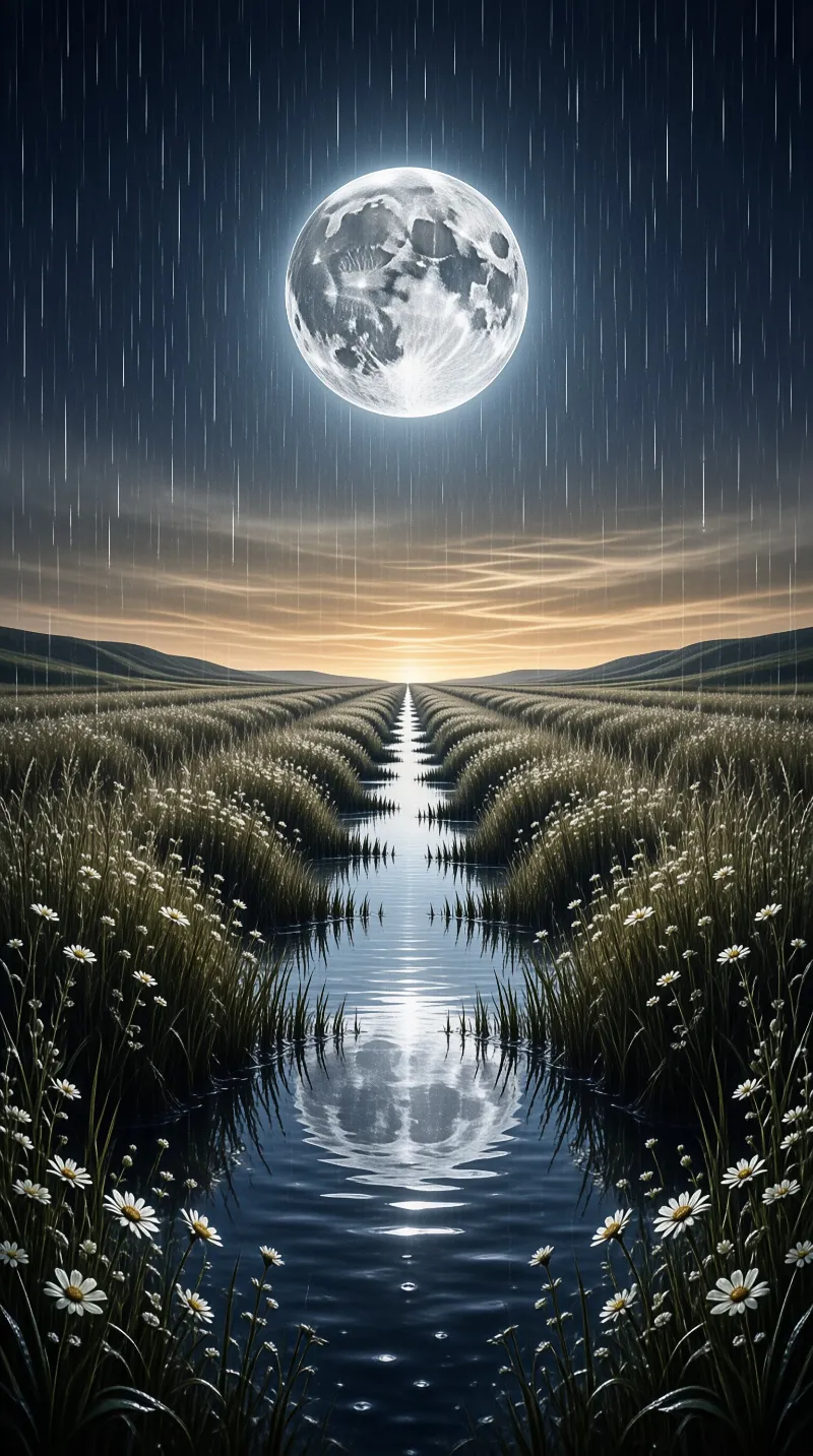 A long water path cuts through a grassy field dotted with white daisies under a massive moon and falling rain.