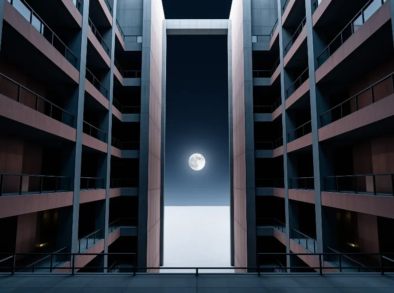 Two tall buildings with balconies frame a full moon against a dark sky above a bright white surface.