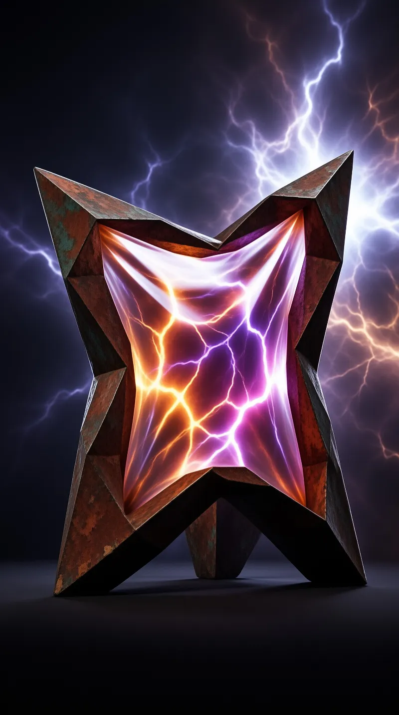 A faceted metallic structure radiates purple and orange energy against a backdrop of dark skies pierced by blue lightning.
