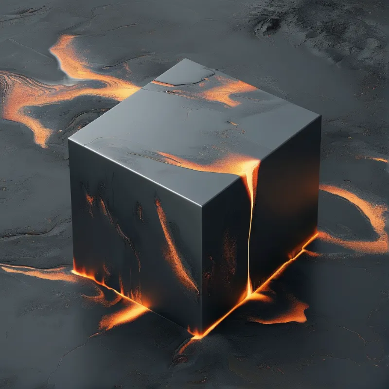 A dark metallic cube sits on dark rocky ground with bright orange molten cracks glowing across it.