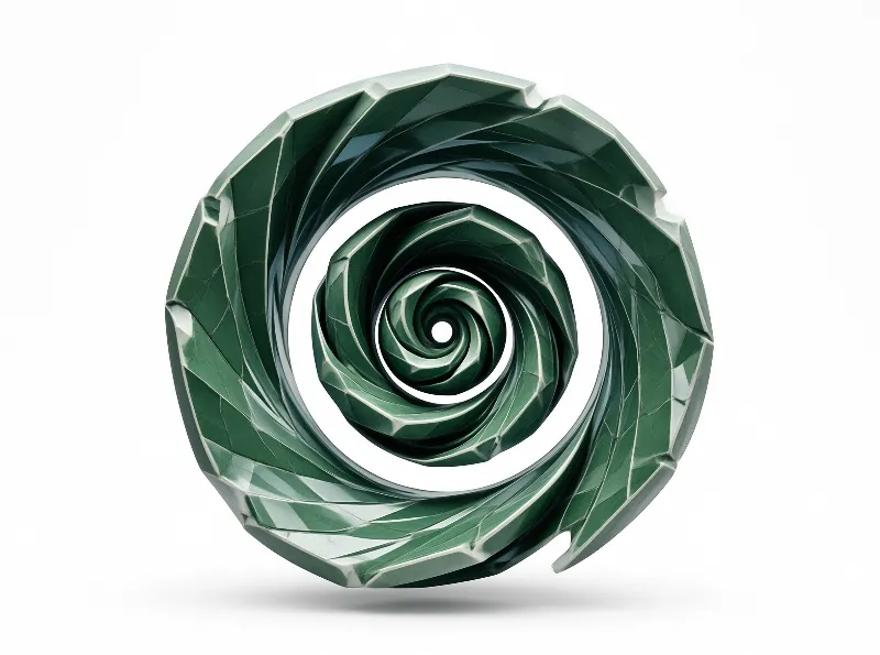 A faceted dark green spiral structure resembling a nautilus shell sits against a clean white backdrop with soft lighting.