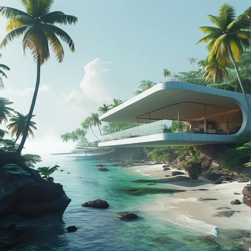 Curved white house with glass walls sits on a rocky shore next to clear water and palm trees under a bright sky.