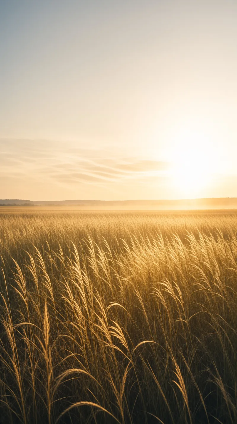 Dried grass stalks fill the frame while low sun creates a glowing amber atmosphere over the plains
