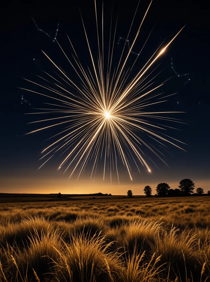 A brilliant starburst radiates across a dark night sky while illuminating a field of tall golden grass below.