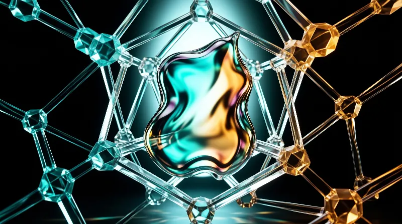 Geometric rods of cyan and gold enclose a swirling reflective shape of liquid mercury in a dark space.