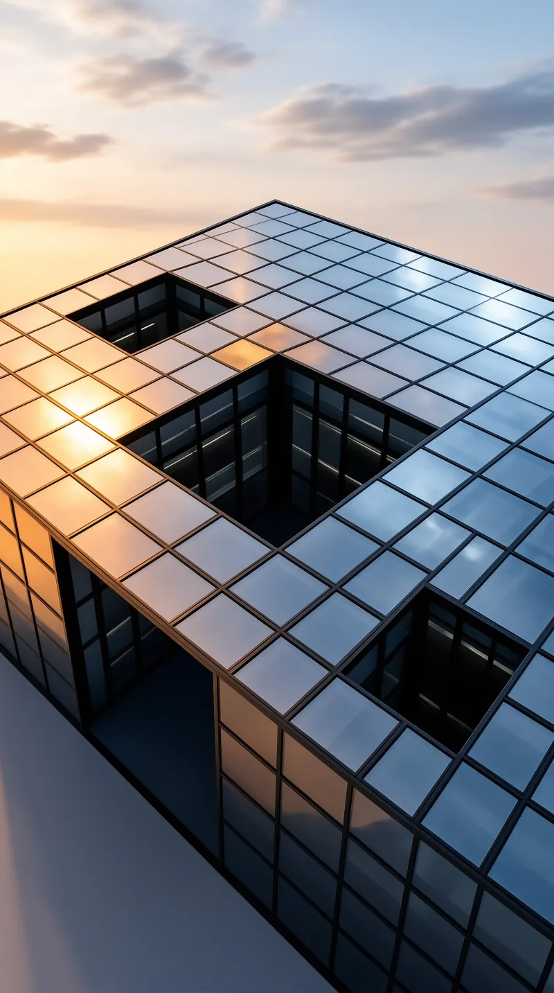 A modern glass grid building with a labyrinthine design is bathed in warm golden light and cool blue shadows.