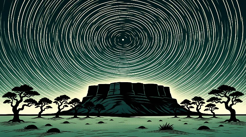 A dark mesa silhouette stands beneath concentric white star trails in a teal night sky, flanked by desert trees.