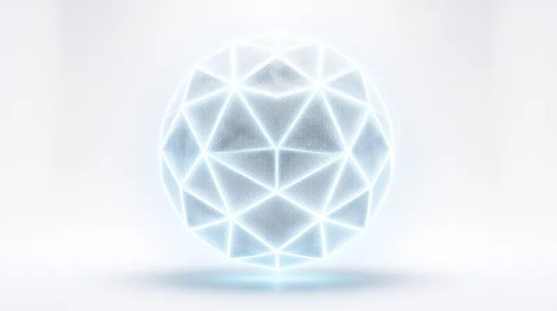 A low poly faceted translucent sphere with luminous white edges is centered on a bright white studio surface, casting a soft pale blue shadow below it.