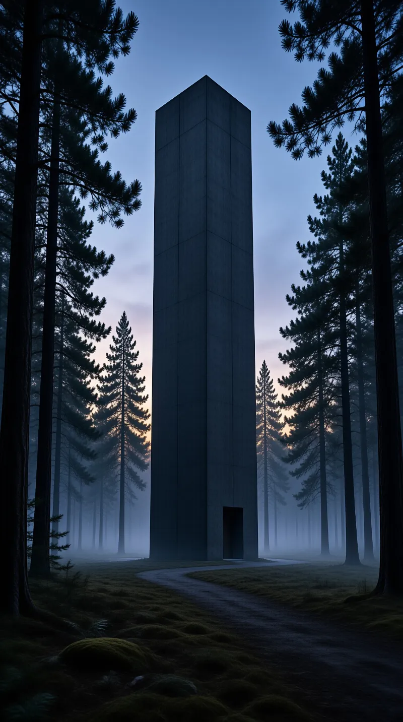 A towering concrete structure stands amid misty pine trees under a twilight sky