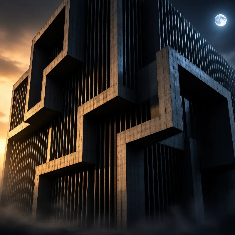 Angled fins and heavy square portals wrap a dark tower at dusk, one side lit by sunset and the other by the moon.