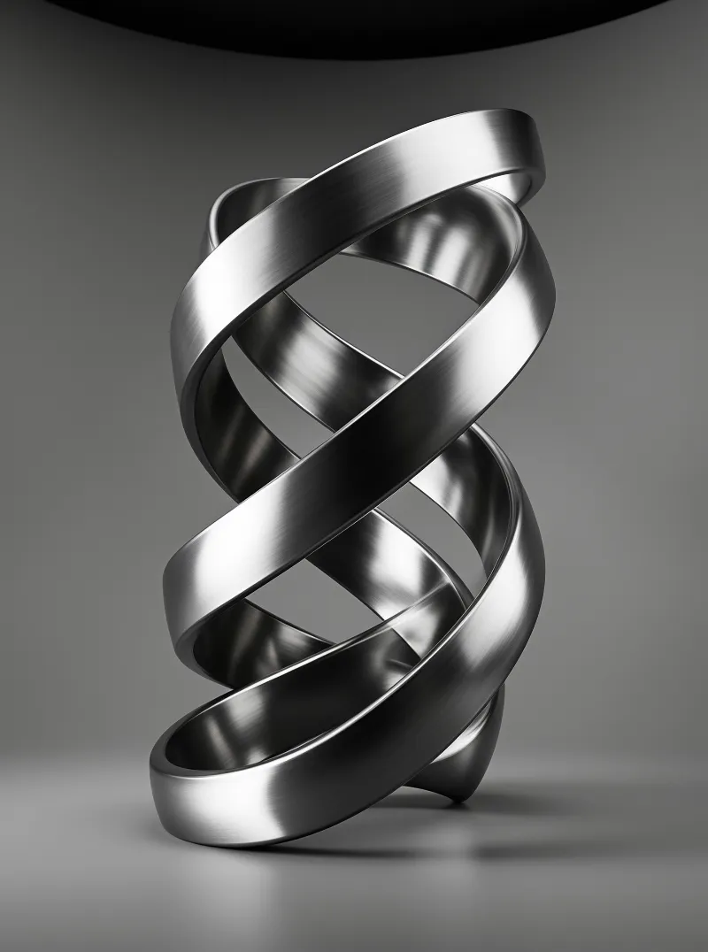 Brushed metallic ribbon is spiralled into a tall form on a smooth grey studio surface, lit by soft even light to show its texture.