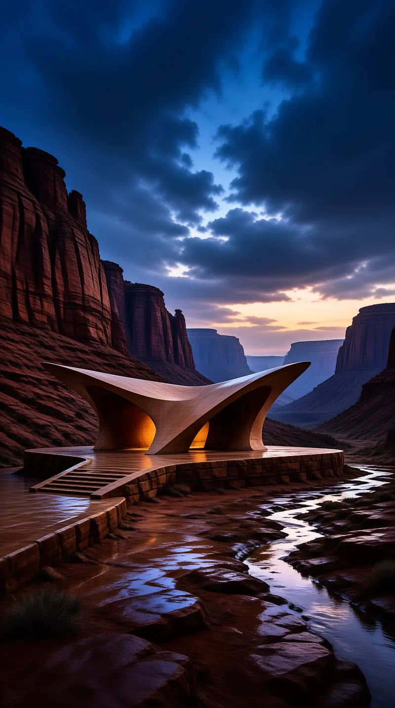 A sleek white structure rests on a platform within a red rock canyon under a twilight sky with warm interior glow.