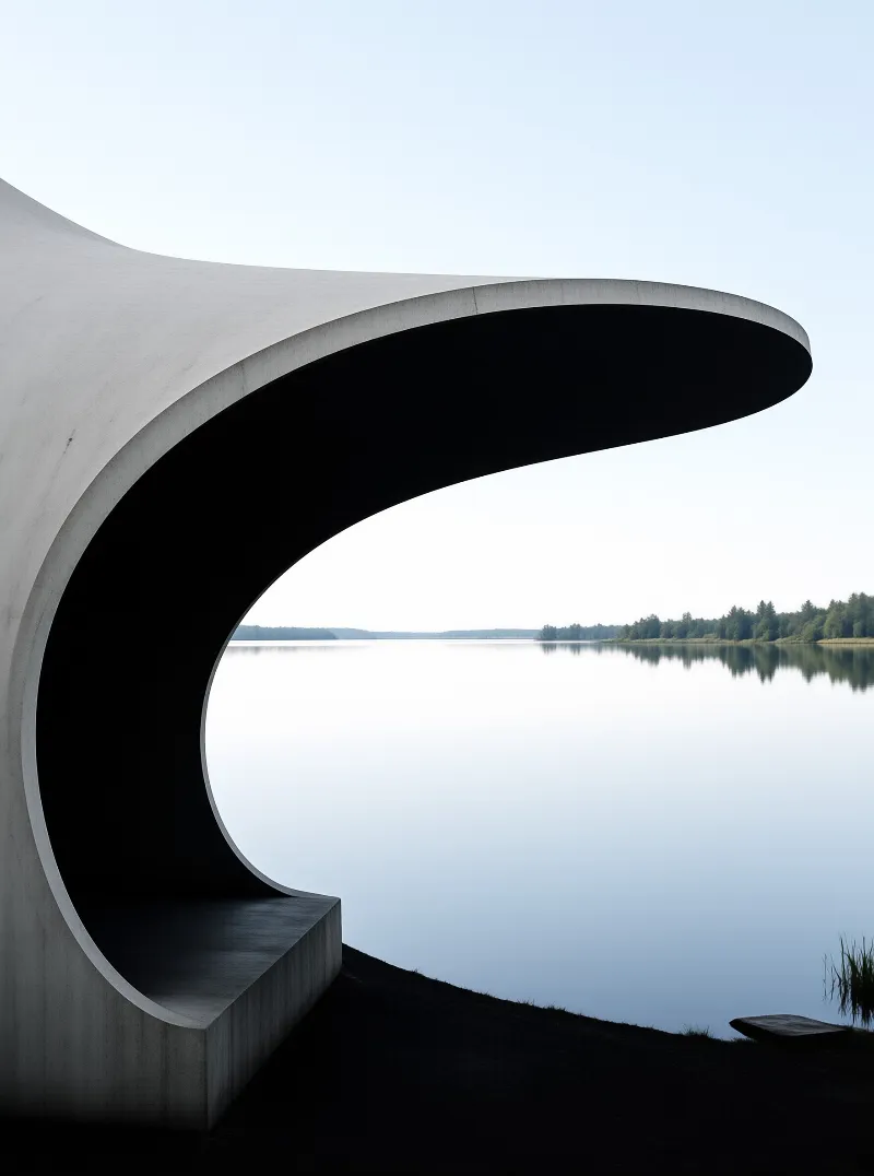 A large white concrete structure curves over a calm lake with a dark shadowed interior facing the water and distant trees.