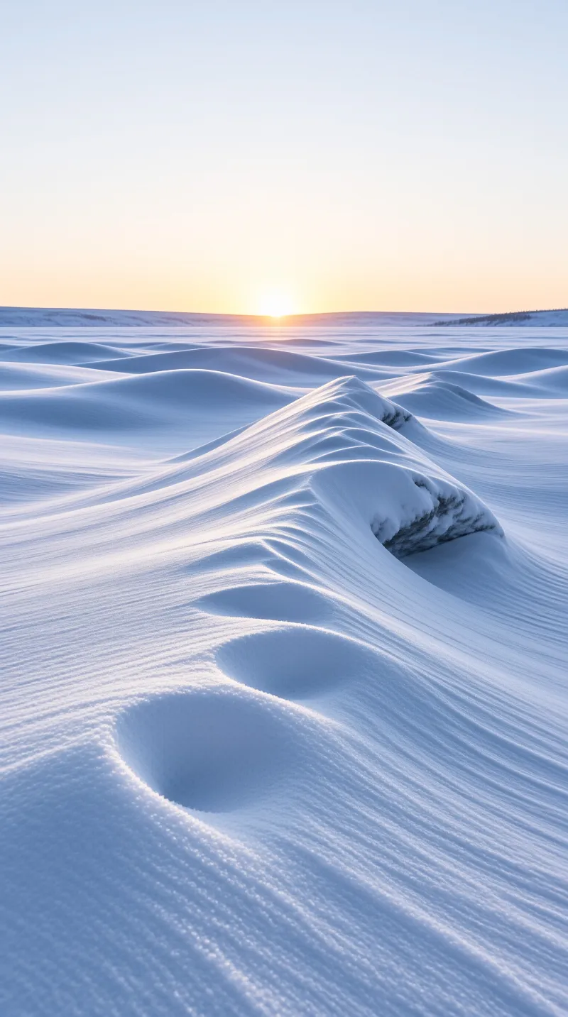 Snow dunes wind toward a warm sunrise while long blue shadows accentuate the ridges of the frozen winter landscape.
