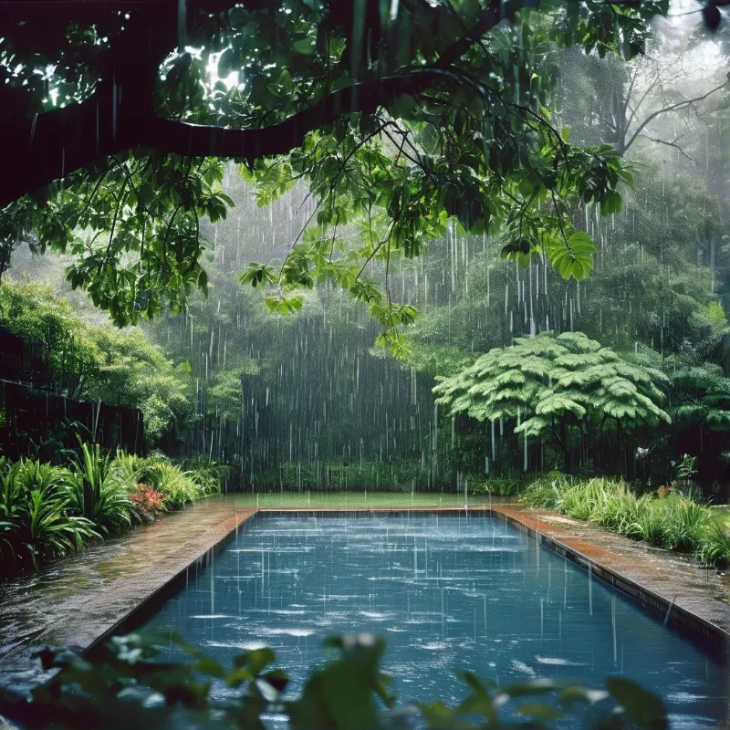 A rectangular water feature sits within a dense tropical garden while heavy rain streaks down the air.