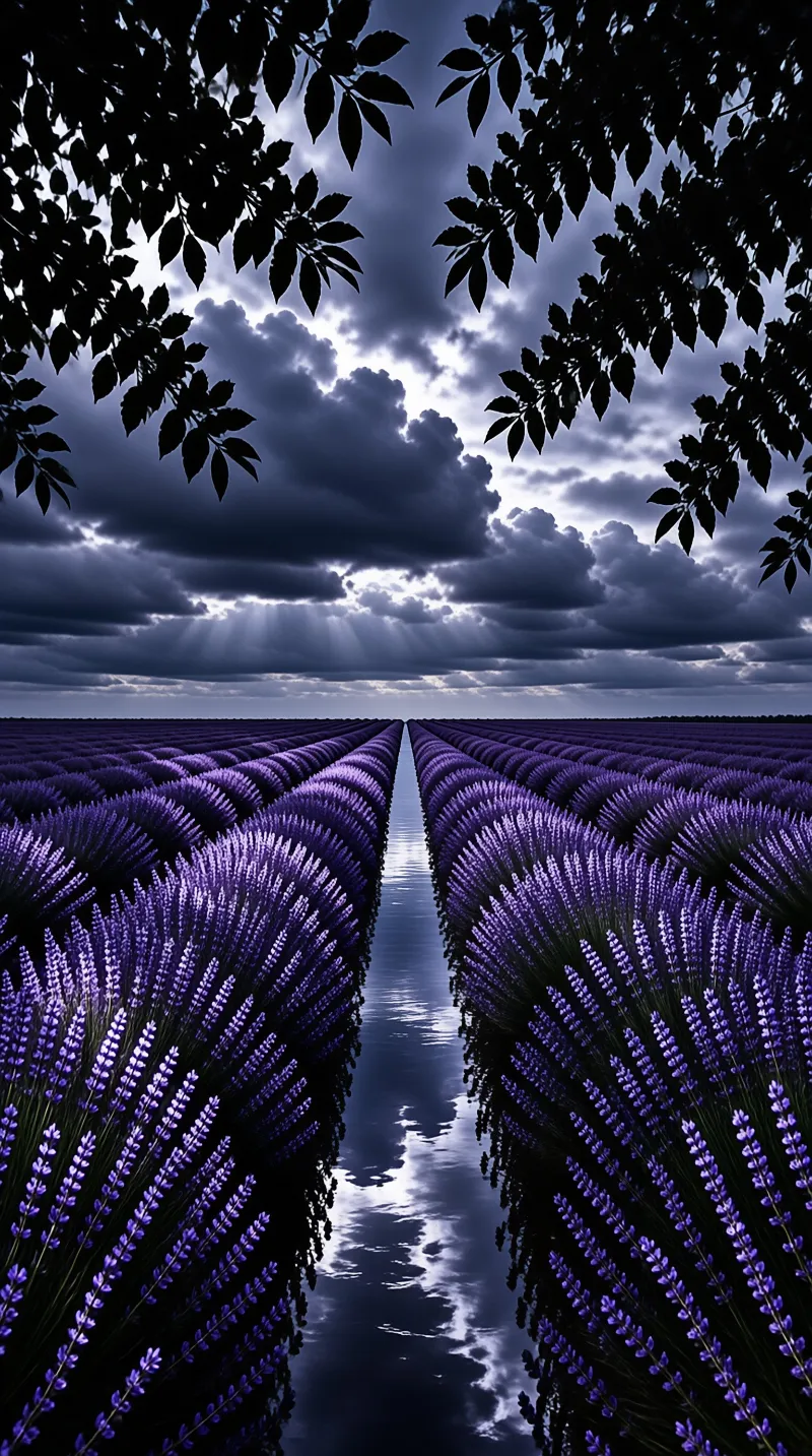 Purple lavender rows flank a narrow water channel reflecting a dramatic sky with sunbeams breaking through clouds.