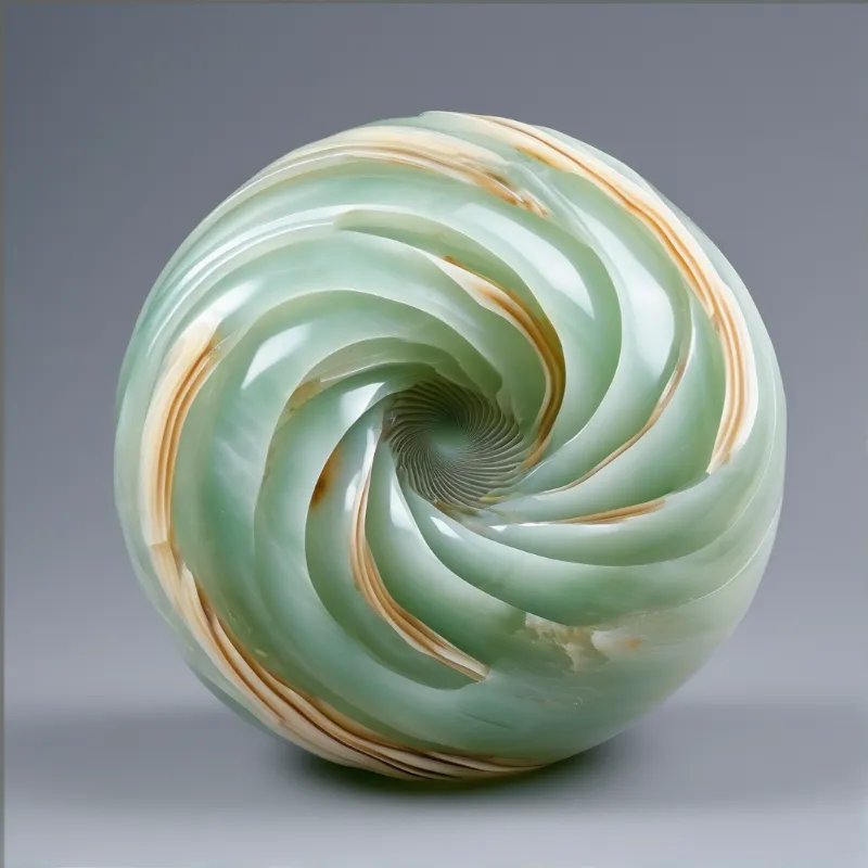 A polished mint green sphere features cream swirls and rests on a neutral gray background.