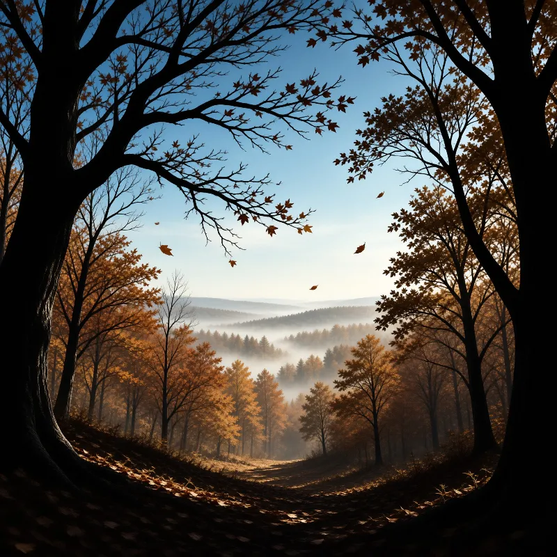 Silhouetted trees frame a valley filled with golden foliage and morning mist under a clear blue sky.