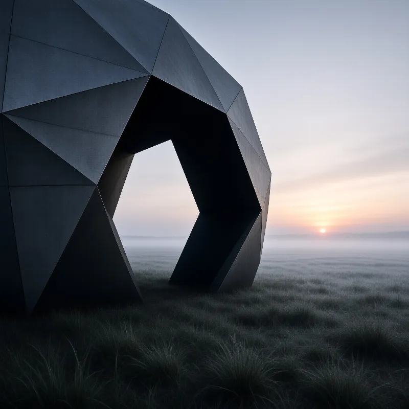 A black multifaceted geometric arch rises from frost-covered grass as the sun breaks through morning mist.