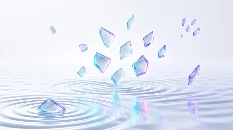 Translucent iridescent shards float above a surface of white rippling water.