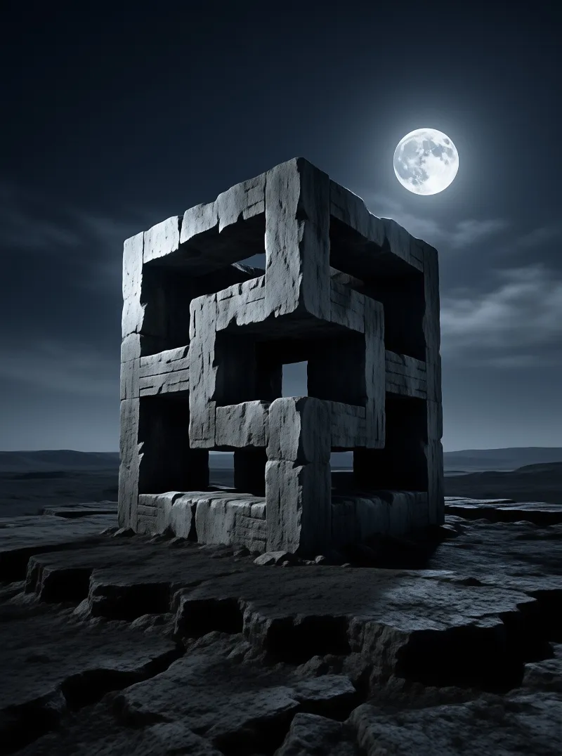 A massive stacked stone cube with interior hollows stands on cracked ground beside hills under a full moon and dark blue sky.