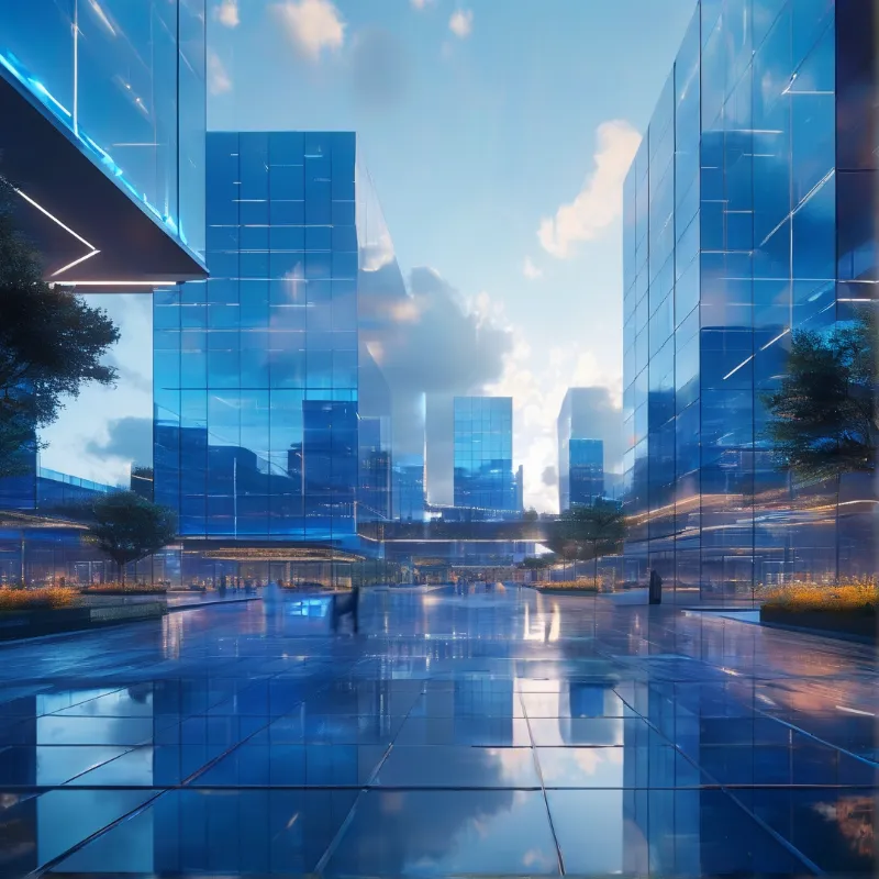 Tall blue glass buildings line a wide wet plaza that reflects the bright sky and clouds onto the pavement surface.