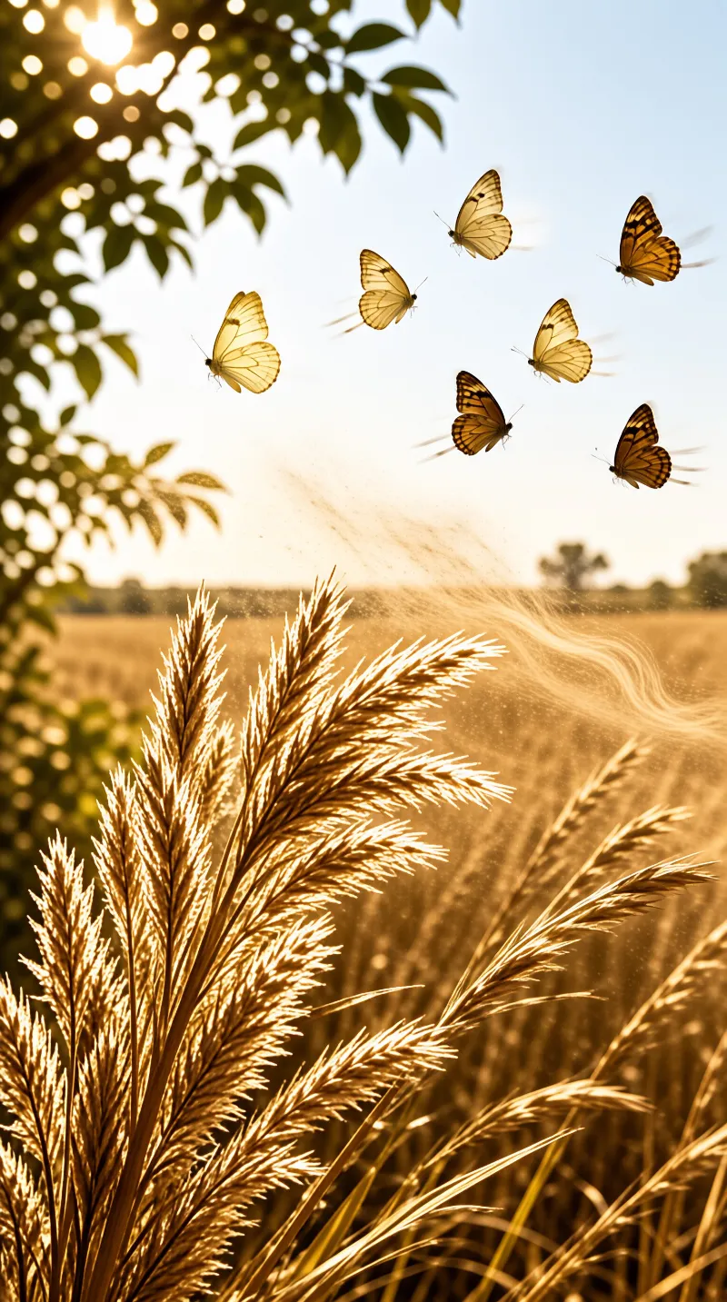 A group of orange and white butterflies flies above tall golden grass under bright sunlight filtering through trees.