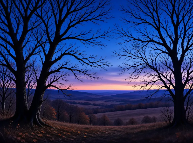 Bare trees frame rolling valley fields under a sky shifting from deep blue to warm pink and purple near the distant horizon.