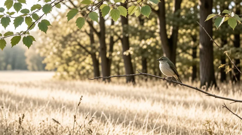 A small green bird rests on a bare branch overlooking a sunlit field of grass and distant trees.