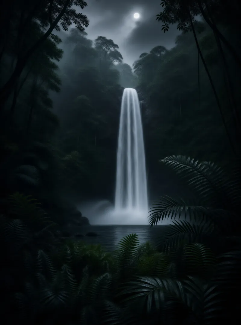 Moonlit Waterfall in Jungle
