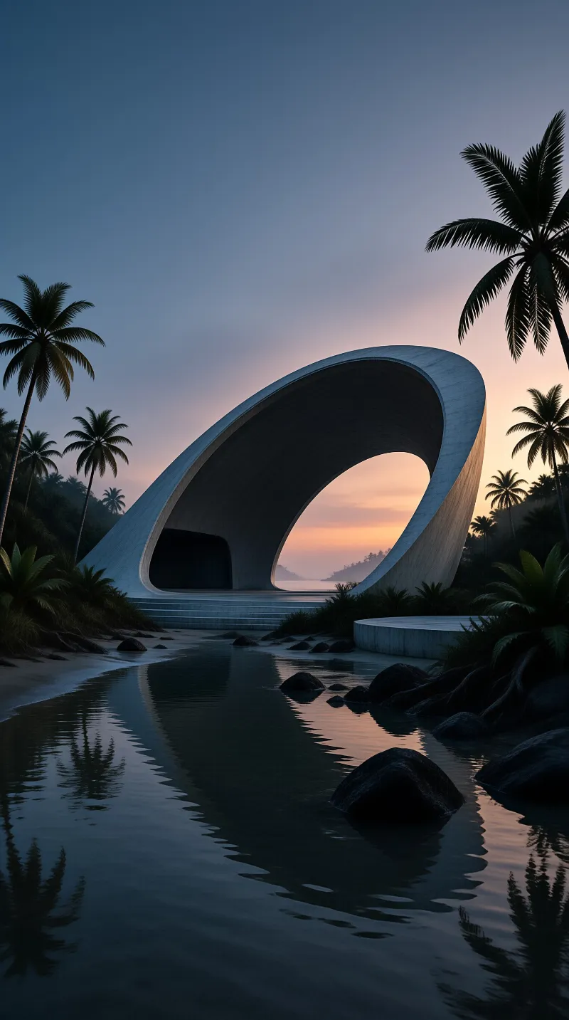A sweeping concrete arch frames a tropical sunset between palm silhouettes and calm water.