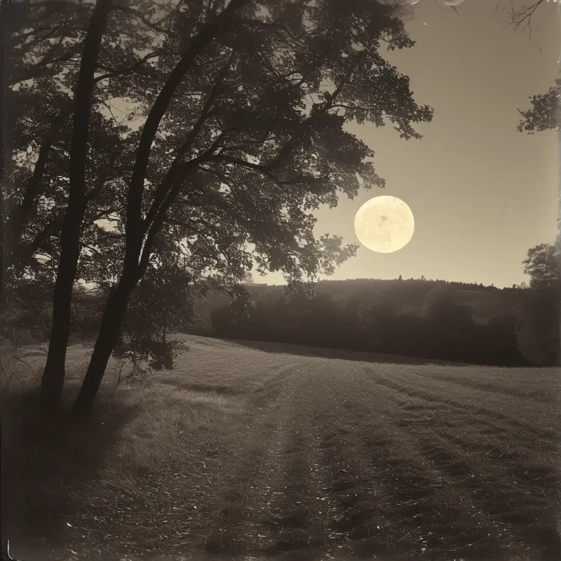In warm sepia tones, a hazy moon glows through tree branches above a quiet path and dark meadow.