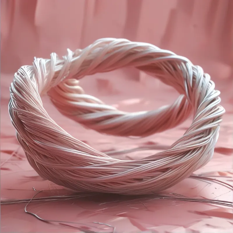 A loop of twisted light-colored fibers rests on a scratched pink metallic surface under soft ambient lighting.