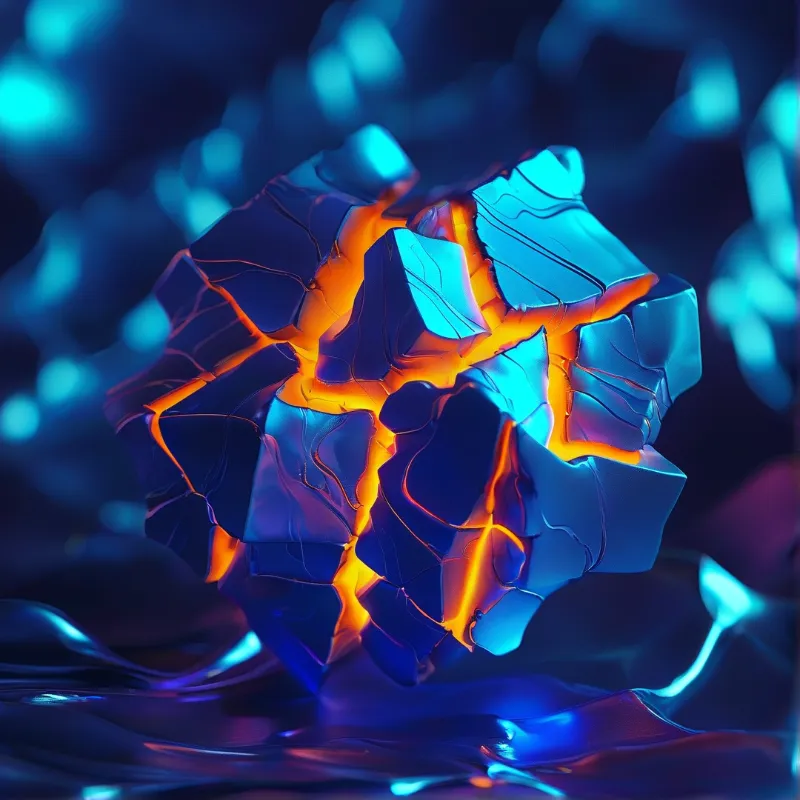 A dark faceted stone fractures to reveal intense orange molten energy inside against a soft blue background.