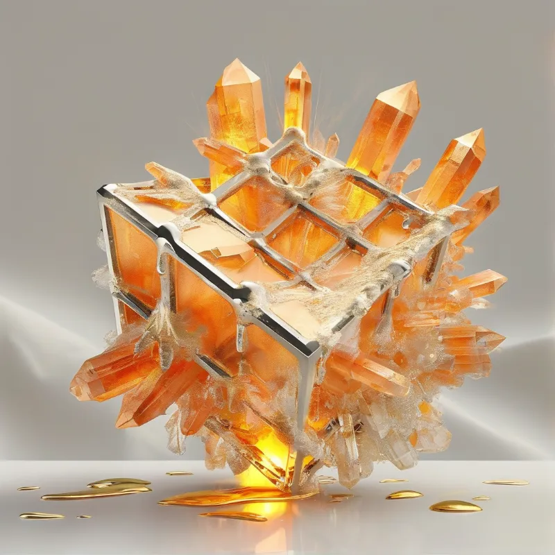 Sharp orange mineral spikes pierce a polished metal cube frame as glowing droplets pool on a bright white surface below.