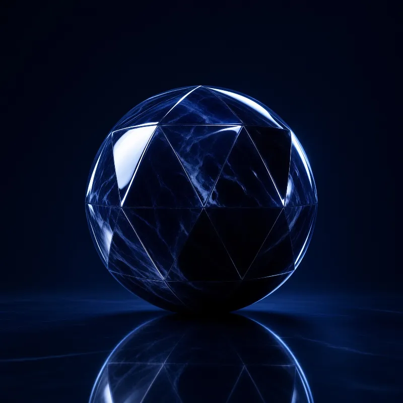 A dark blue marble sphere built from triangular facets, lit from the upper left, mirrored on the glossy floor beneath it.