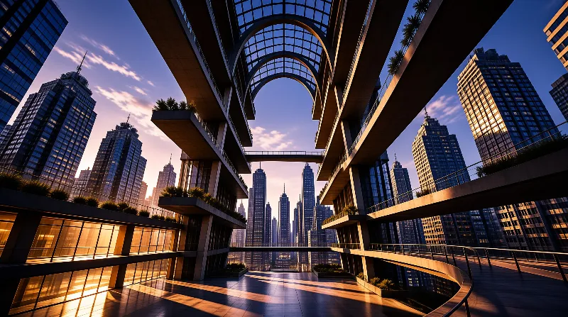 A curved glass canopy bridges two towers above a polished plaza glowing with warm sunset light in a futuristic city.