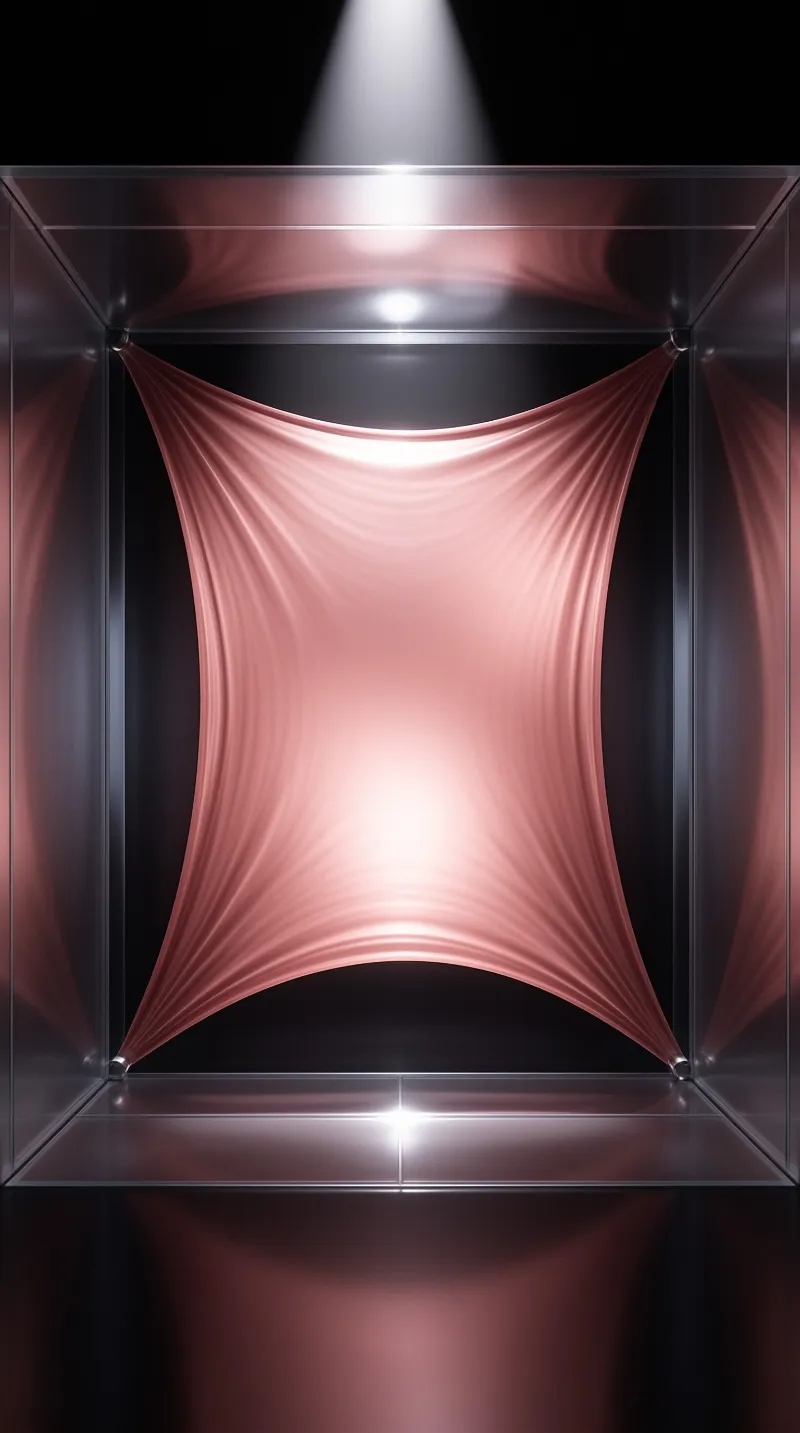 A smooth pink fabric hangs stretched within a transparent cubic structure, illuminated by an overhead spotlight.