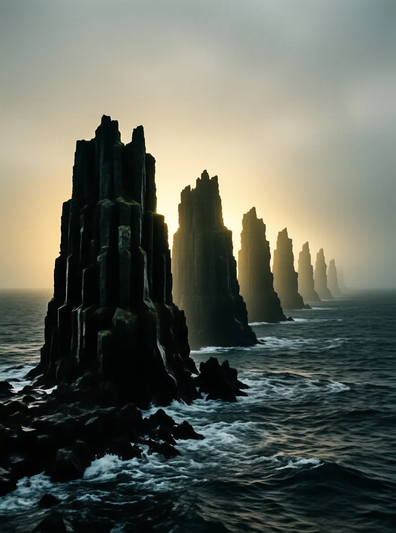 Rows of jagged sea pillars emerge from dark ocean waters as white foam breaks around them under a glowing sky.
