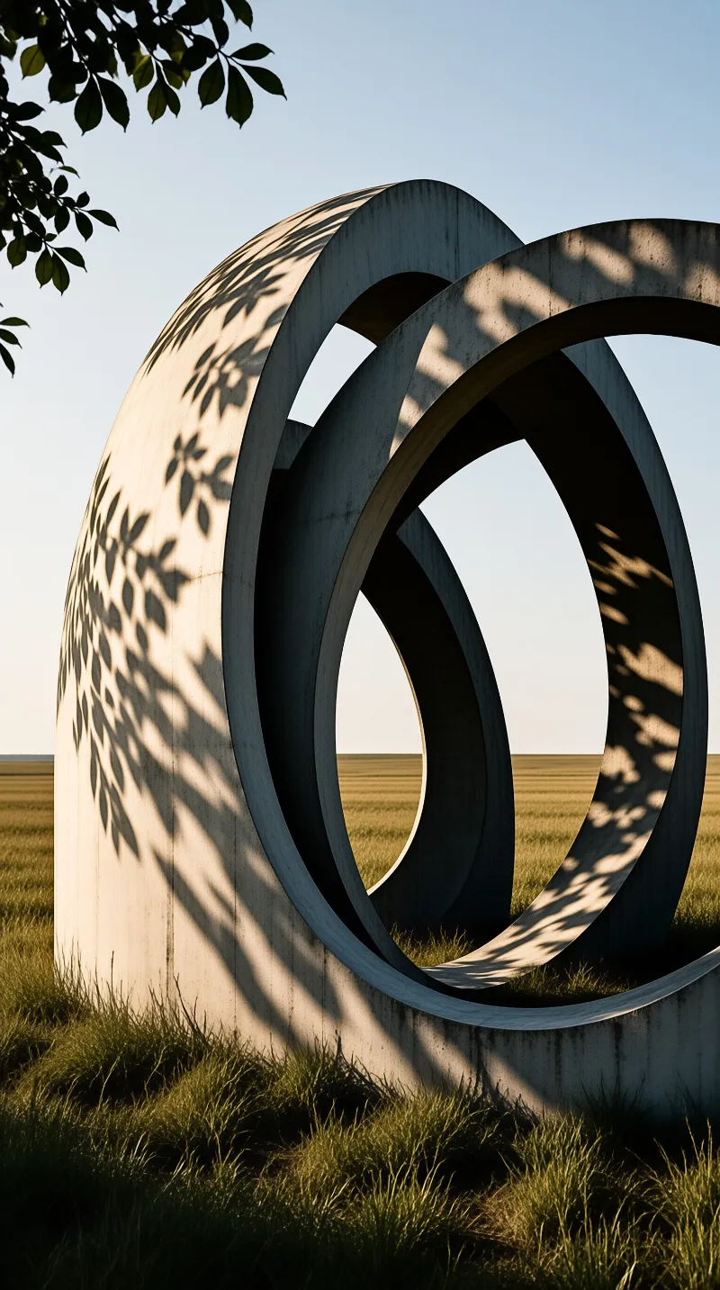 A massive concrete loop stands in tall grass, dappled with leaf shadows under a clear blue afternoon sky.