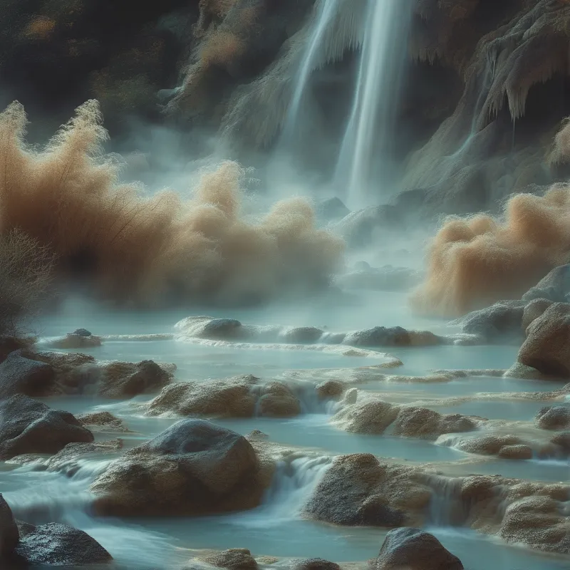 Smooth water cascades over mossy rocks beneath a cliff while mist rises among tall golden grasses.