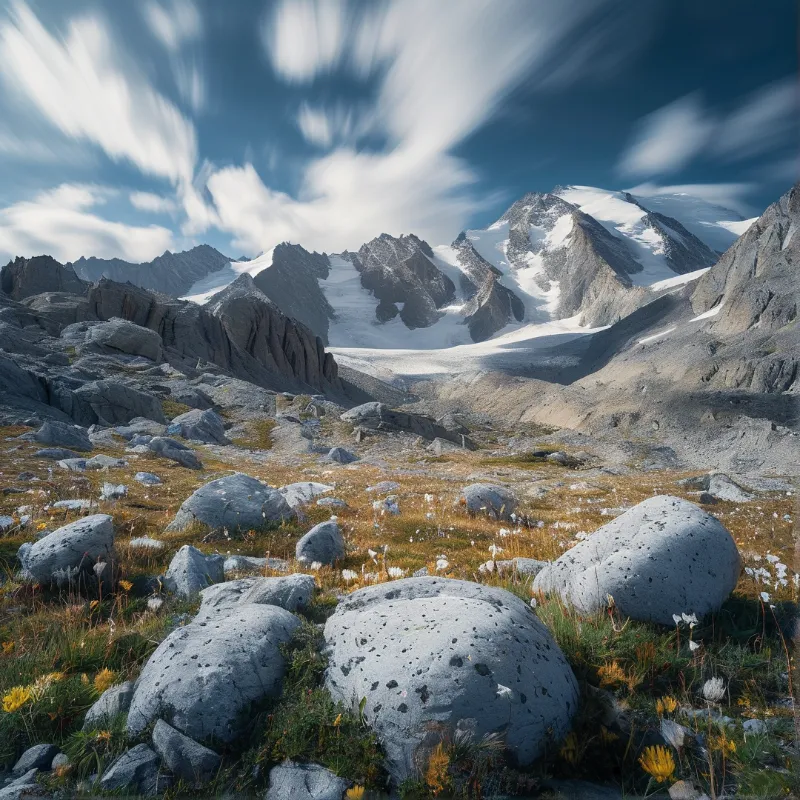 A rugged alpine valley featuring jagged snow-covered mountains beneath a sky with blurred white clouds.