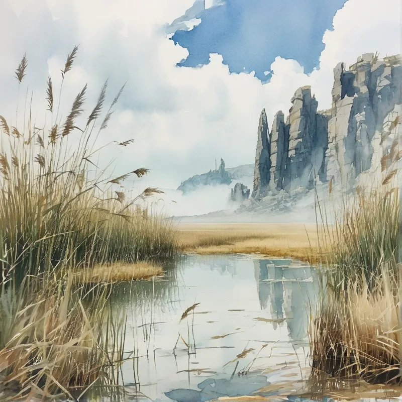Tall reeds frame a calm waterway leading to jagged cliffs shrouded in fog under a cloudy blue sky in watercolor style.