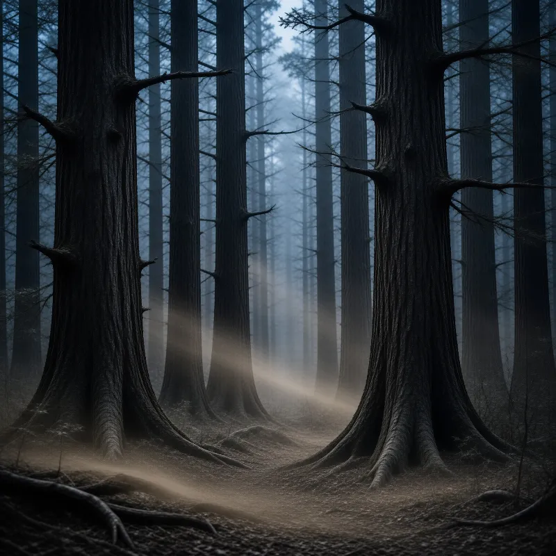 A dense grove of towering pine trees stands in a misty forest where a single beam of warm light cuts through the cool blue atmosphere to illuminate the forest floor.